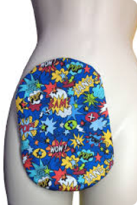 Stoma bag covered in cartoon illustrations such as BAM, POP, BANG